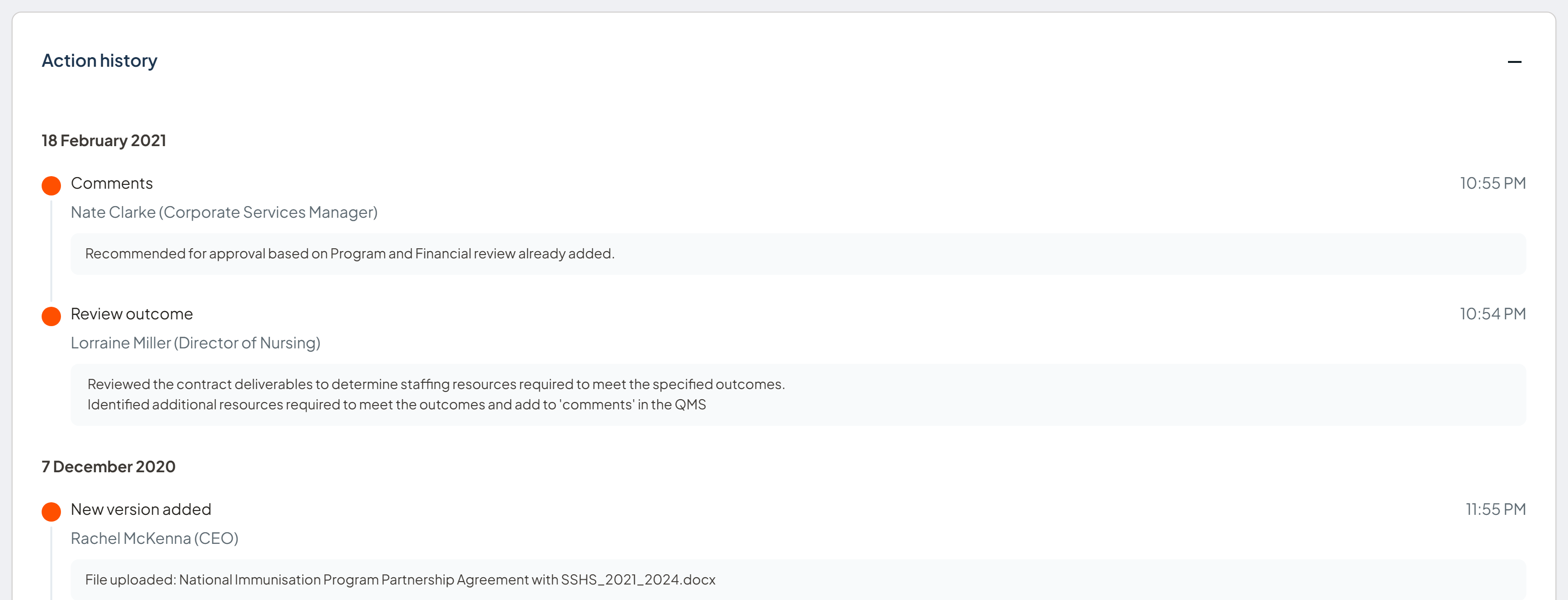 Action history section showing the commentary by the assigned officers at each stage of the contract workflow