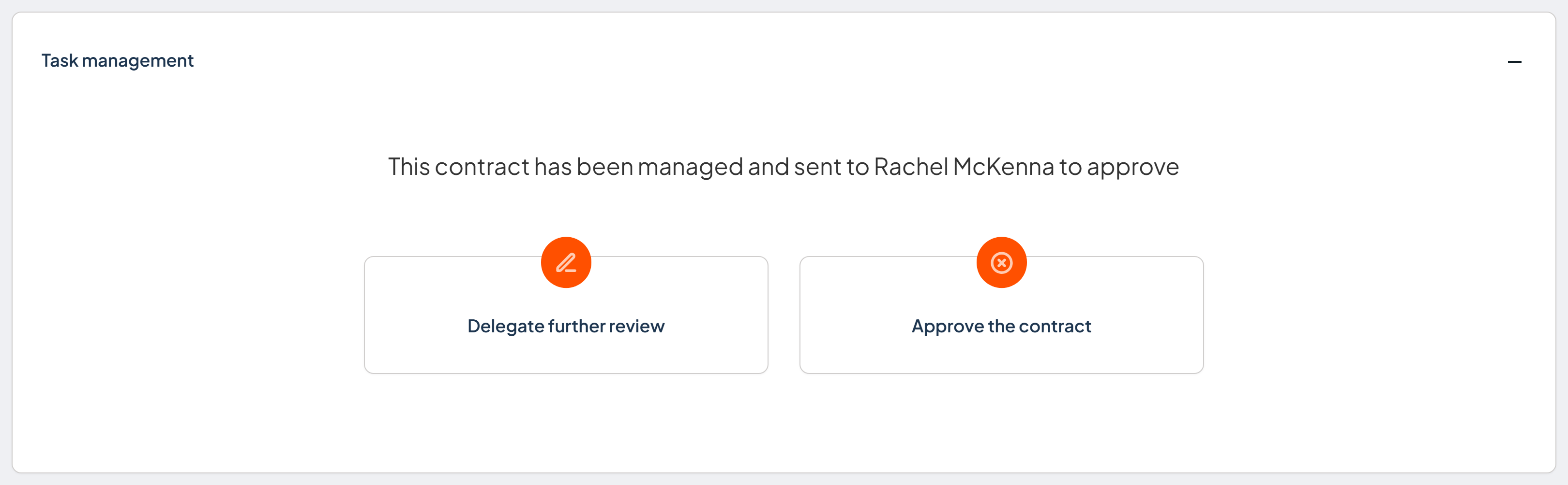 Task management section showing the Delegate further review and Approve the contract options