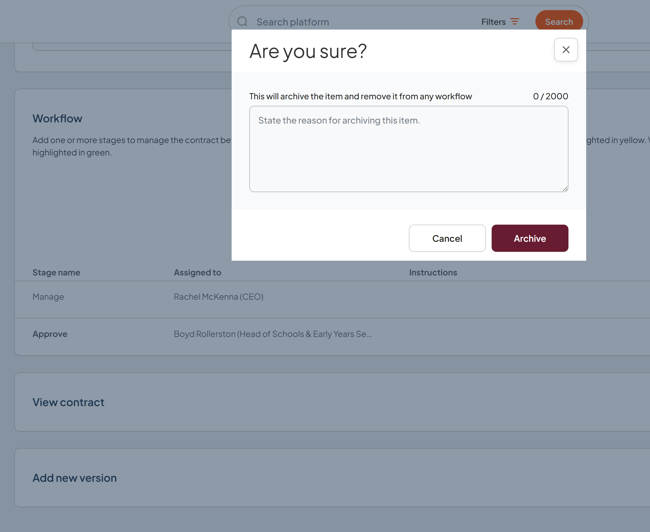 Archive contract dialog showing the reason field and Archive button