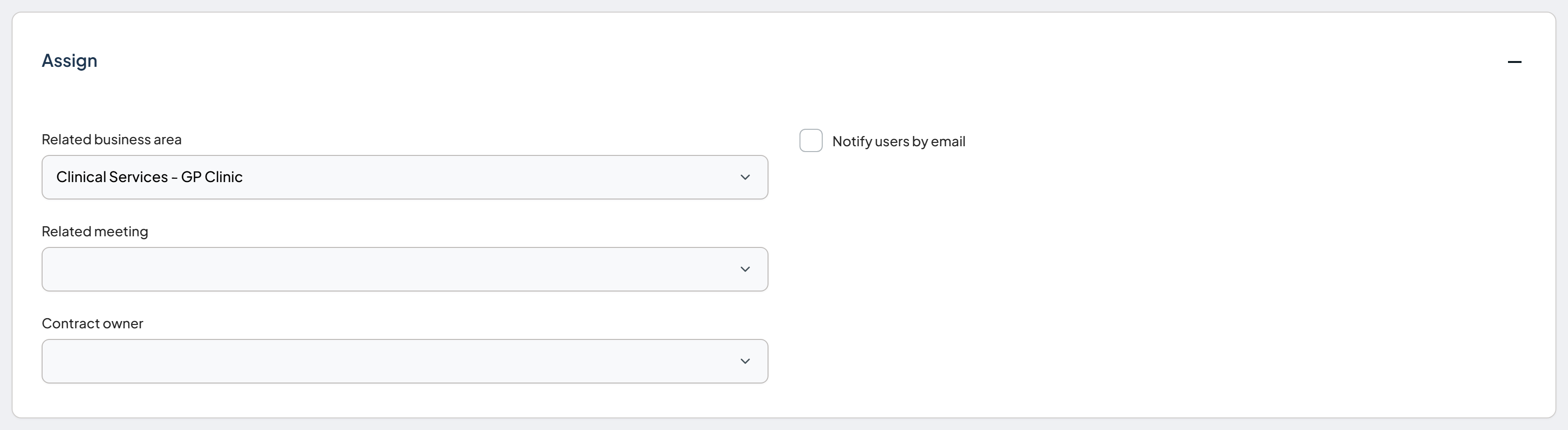 Assign component showing the related business area, related meeting, and Contract owner fields