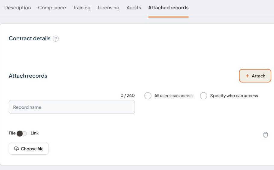 Attach records component showing the Record name, Access controls, and File or Link fields
