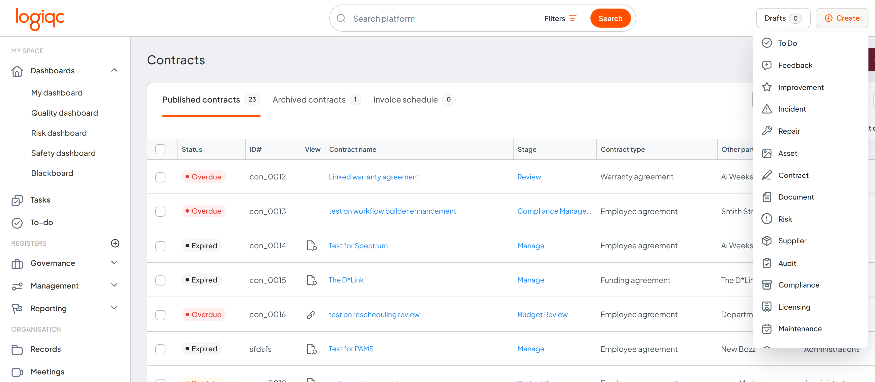Top bar Create button used to create a linked register item from a contract