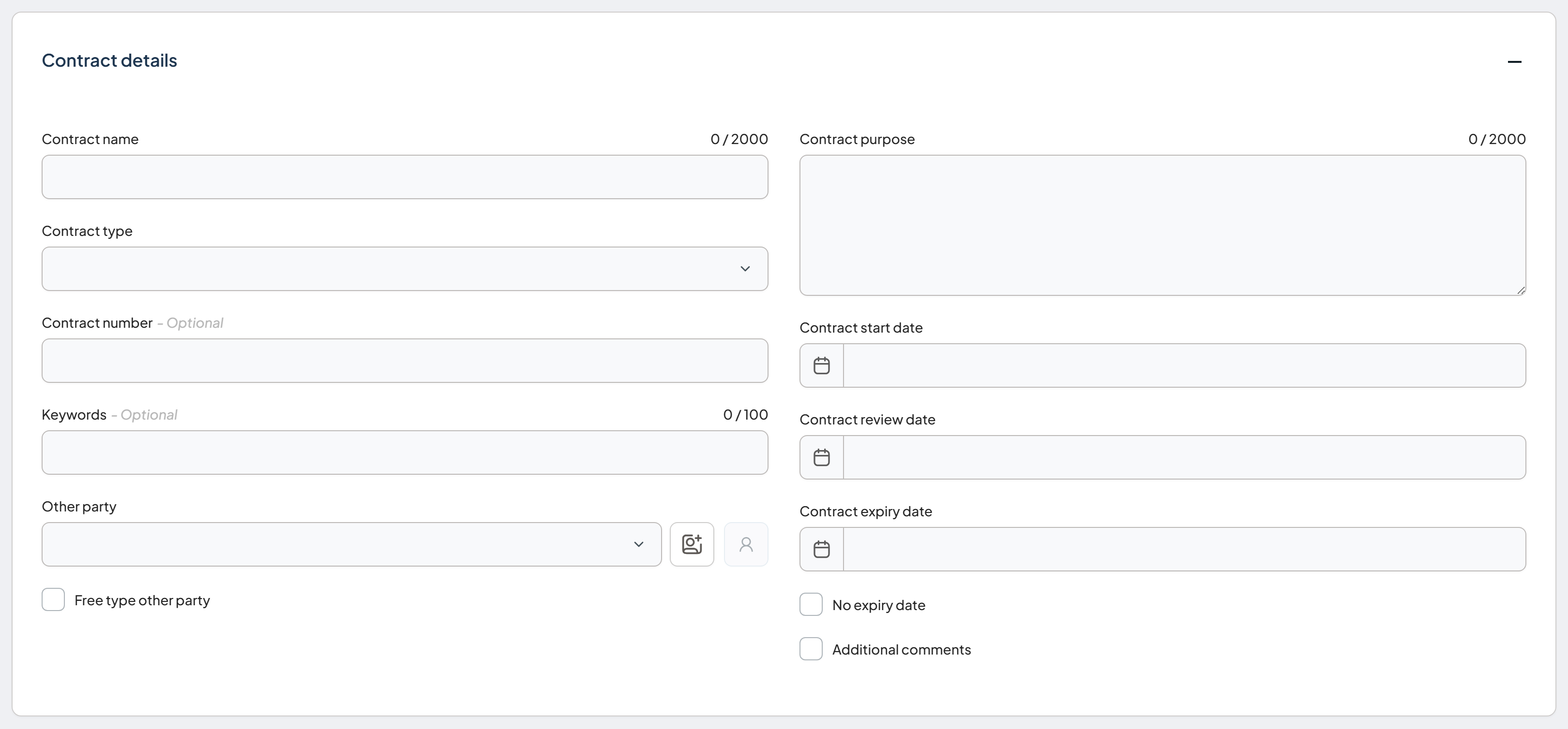 Contract details component showing the contract name, type, other party, purpose, start date, review date, and expiry date fields