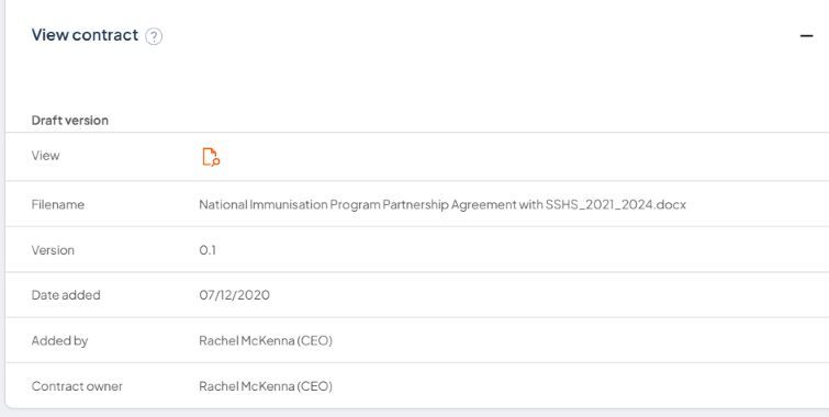 View contract showing an initial draft at version 0.1