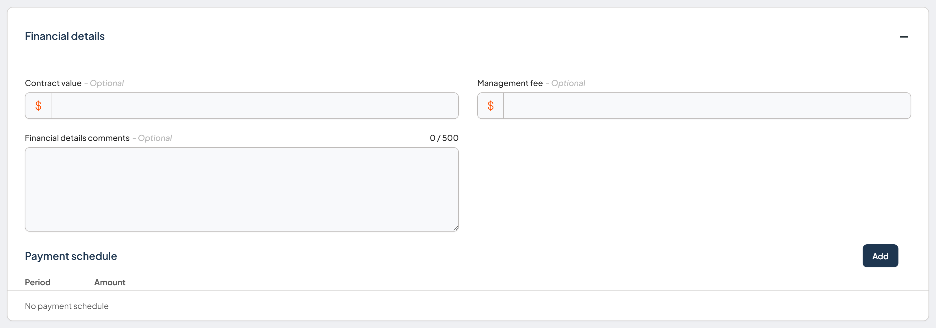 Financial details component showing the contract value field and the payment schedule with Add control