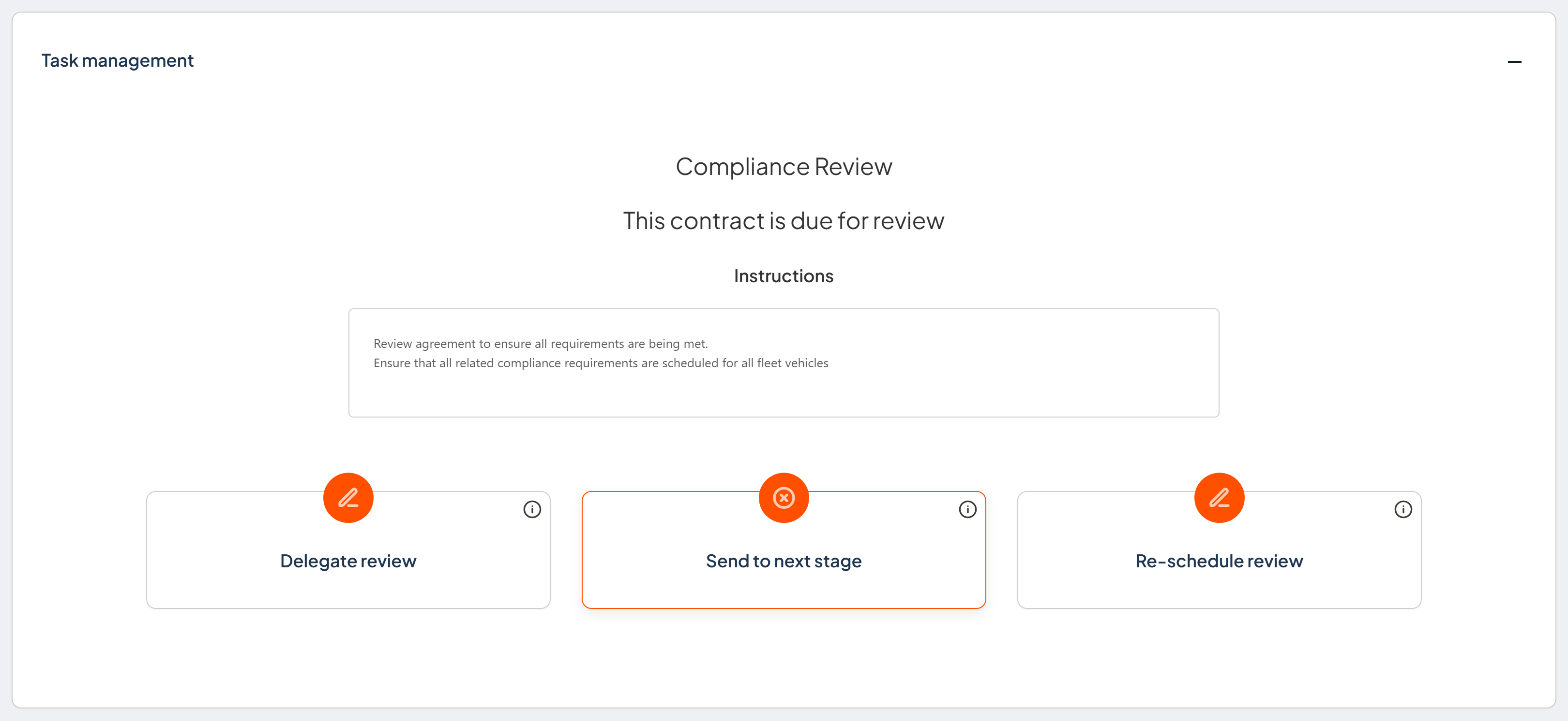 Task management section showing three options for a contract due for review: Assign for review, Re-schedule review, and Escalate for approval