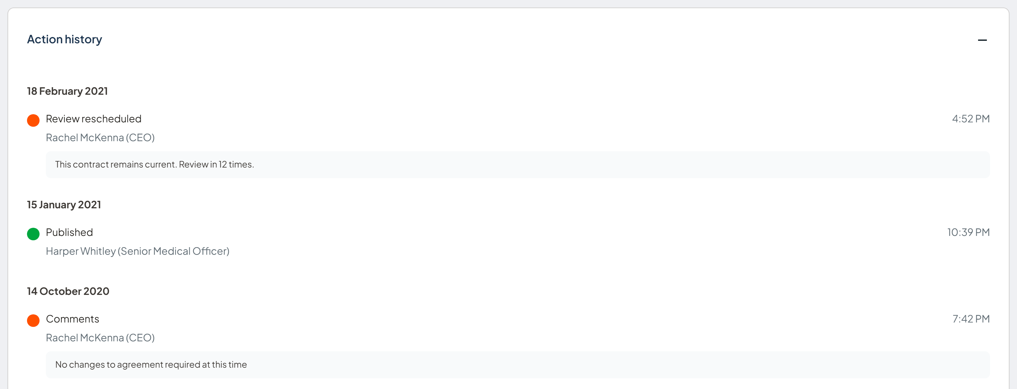 Action history section on the Manage page showing commentary from assigned officers at each stage of the workflow