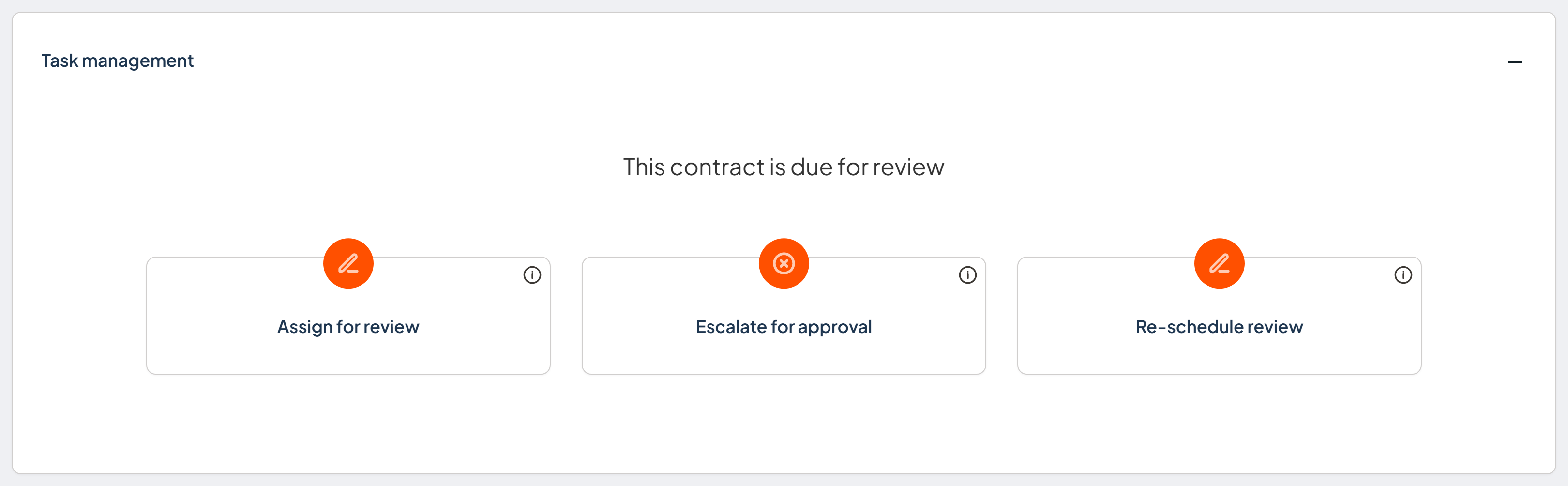 Task management section for a new contract showing two options: Assign for review and Escalate for approval