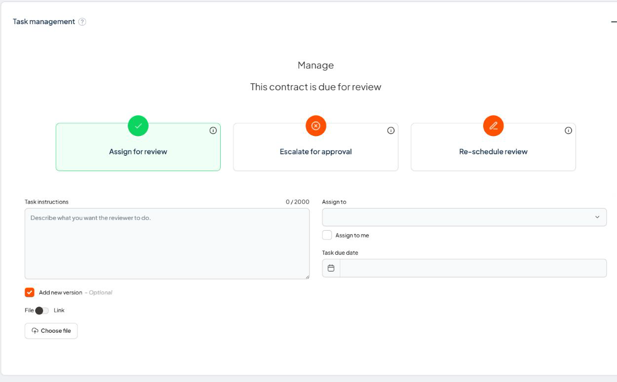 Task management section showing Assign for review selected and the optional Add new version checkbox with File and Link options