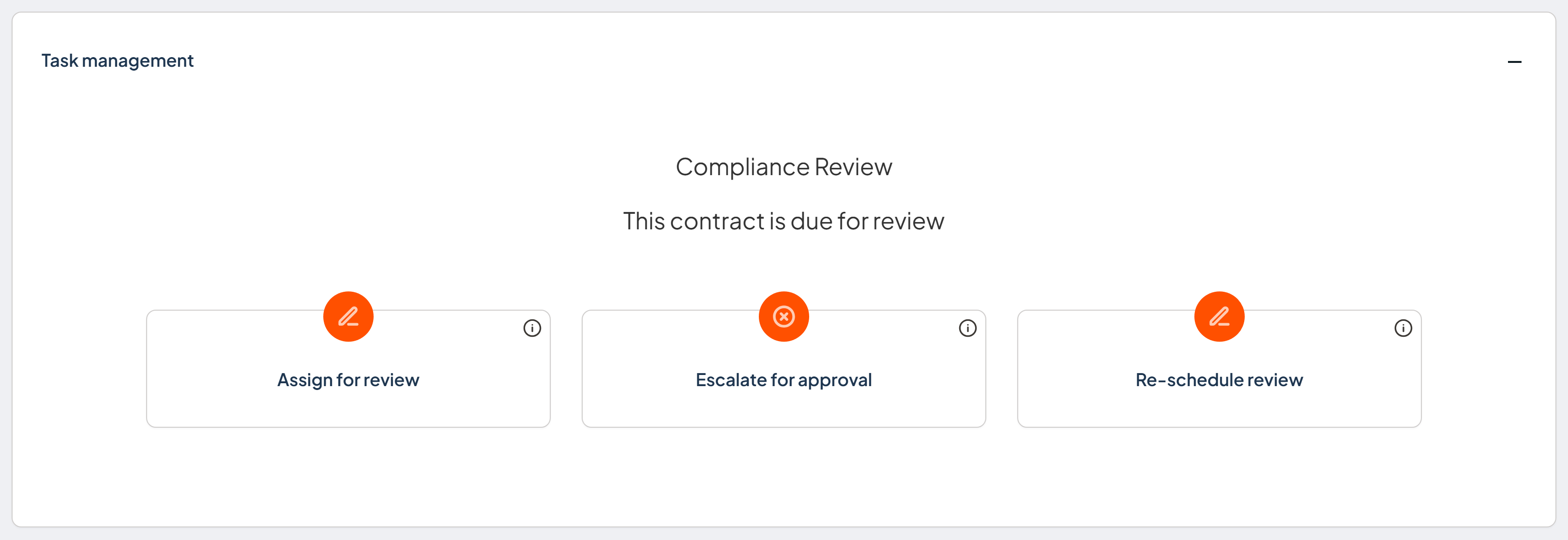 Task management section for a returned contract showing Assign for review and Escalate for approval options with the Comment field and Next review date