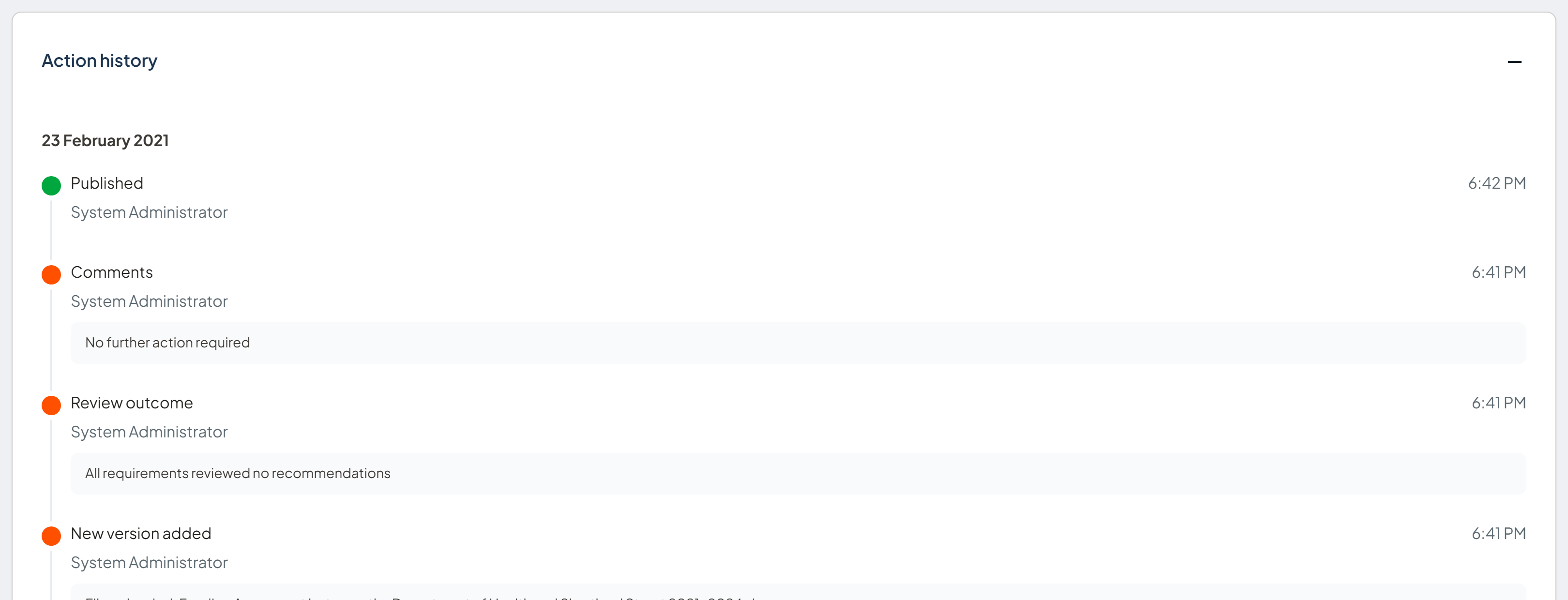 Action history section showing the actions taken at each stage of the contract workflow