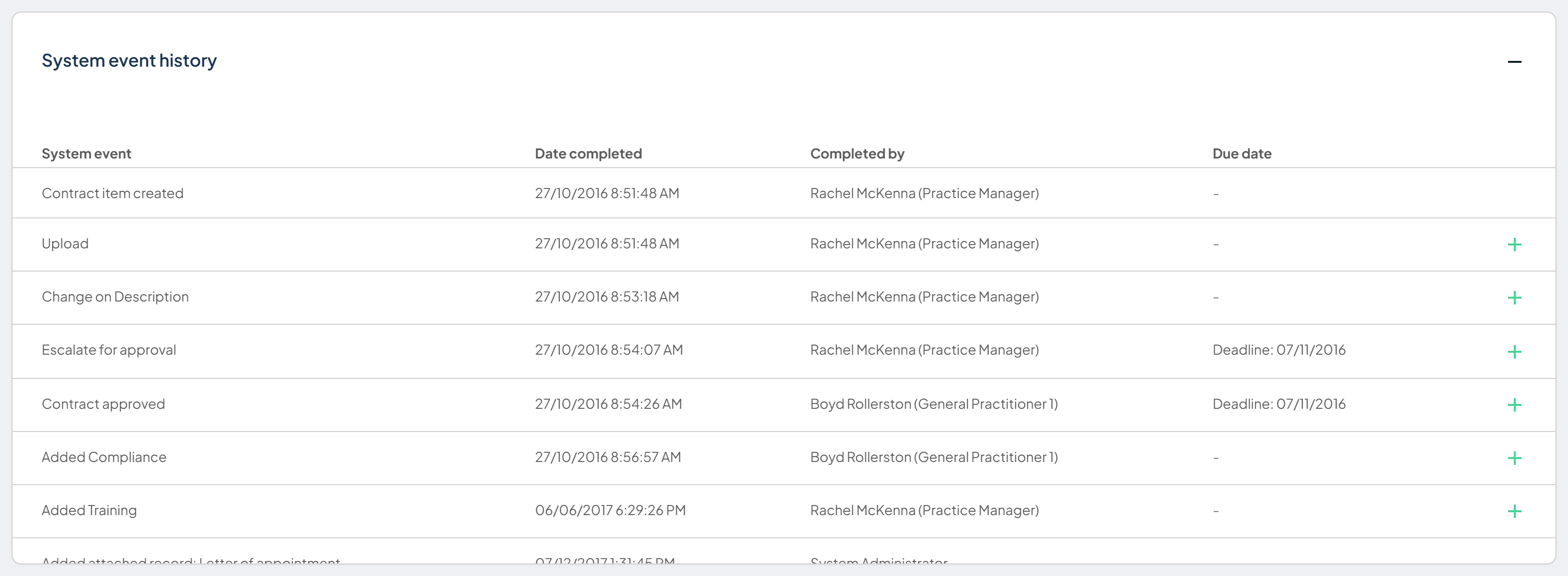 System event history list showing system events, dates, and the + control to expand a line