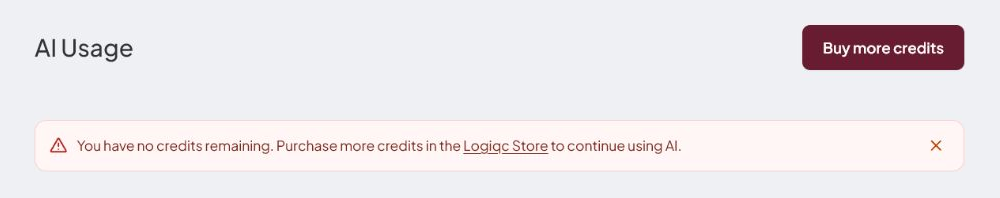 AI Usage page showing the no-credits-remaining notification banner