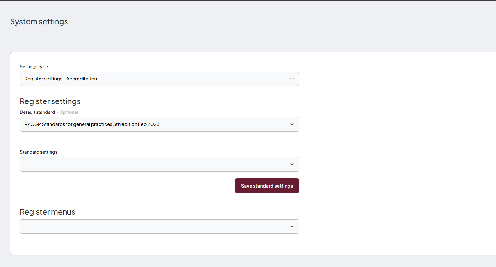 The Register settings Default standard selector in Admin mode
