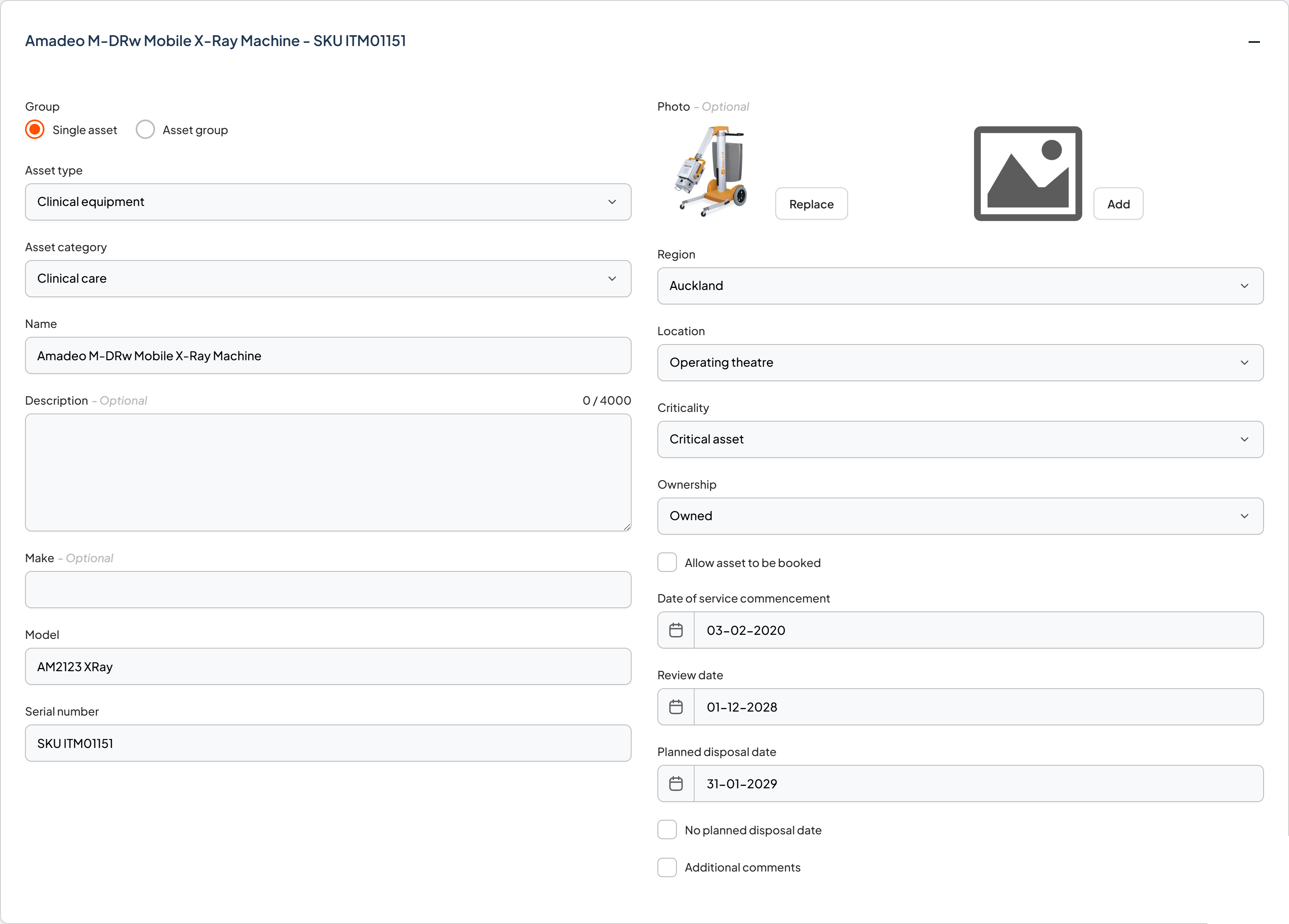 Asset details component showing the group, asset type, name, model, region, criticality, ownership, and date fields
