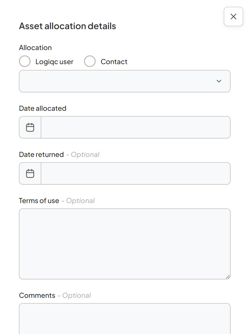 Allocations component showing the + Allocate asset control and the allocation, date, terms of use, and comments fields