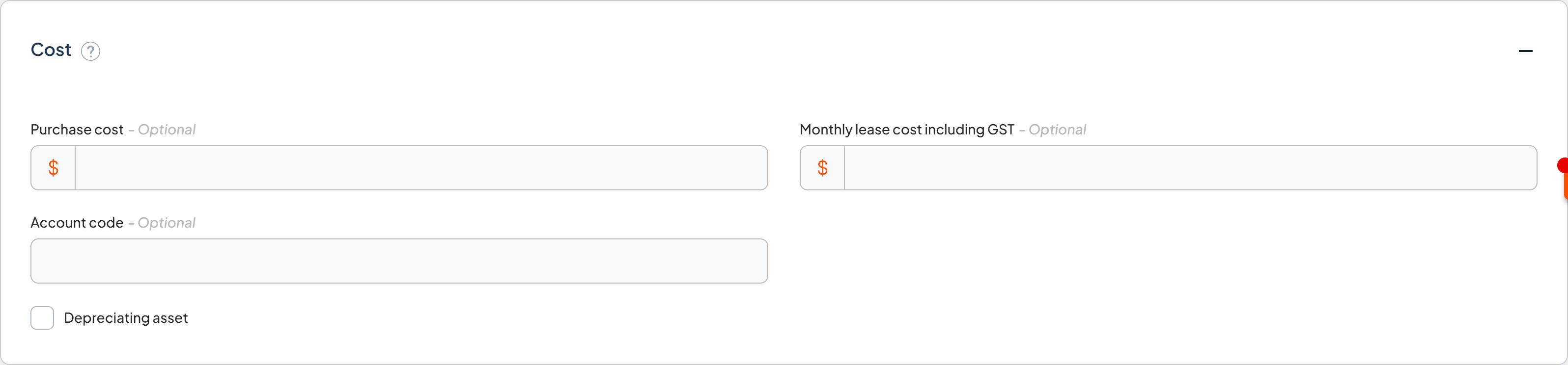 Cost component showing the purchase cost, monthly lease cost, depreciating asset, and fuel card number fields