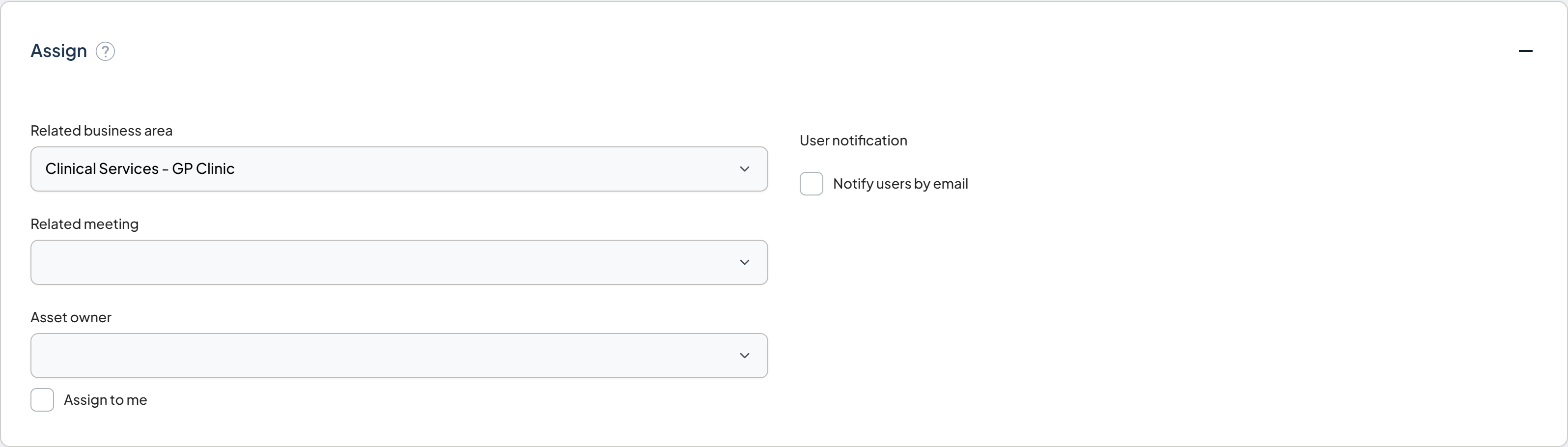 Assign component showing the related business area, related meeting, asset owner, and notify users fields