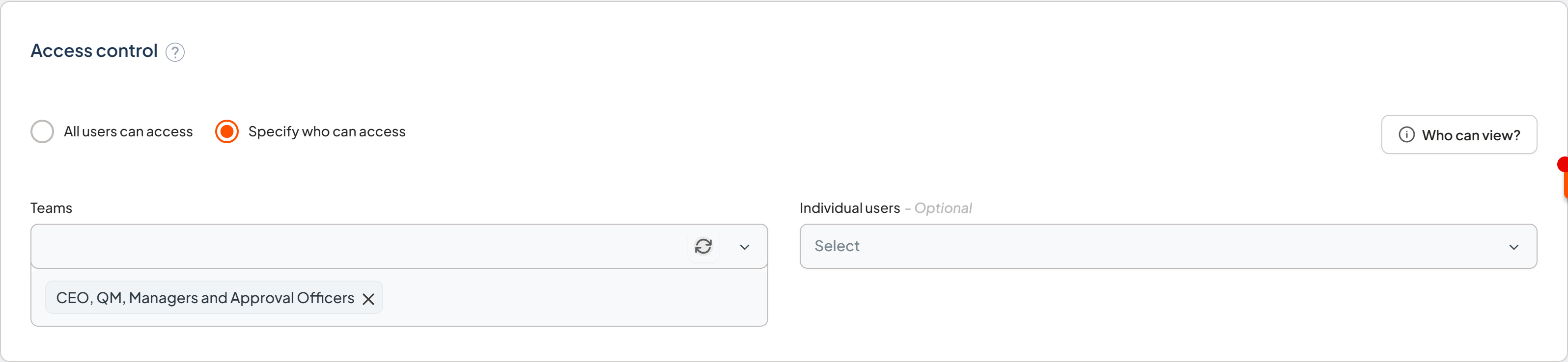 Access control component showing All users can access and Specify who can access, with Teams and Individual users fields