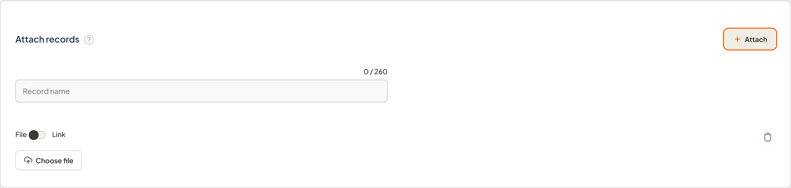 Attach records component showing the Record name field and File or Link control