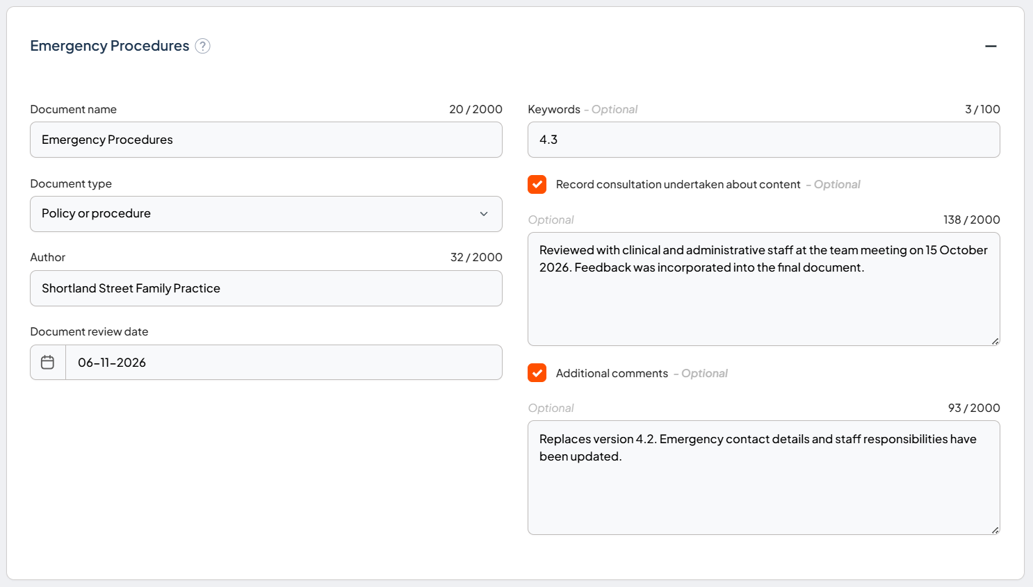 Document details component showing the document name, ID, type, author, review date, and comments fields
