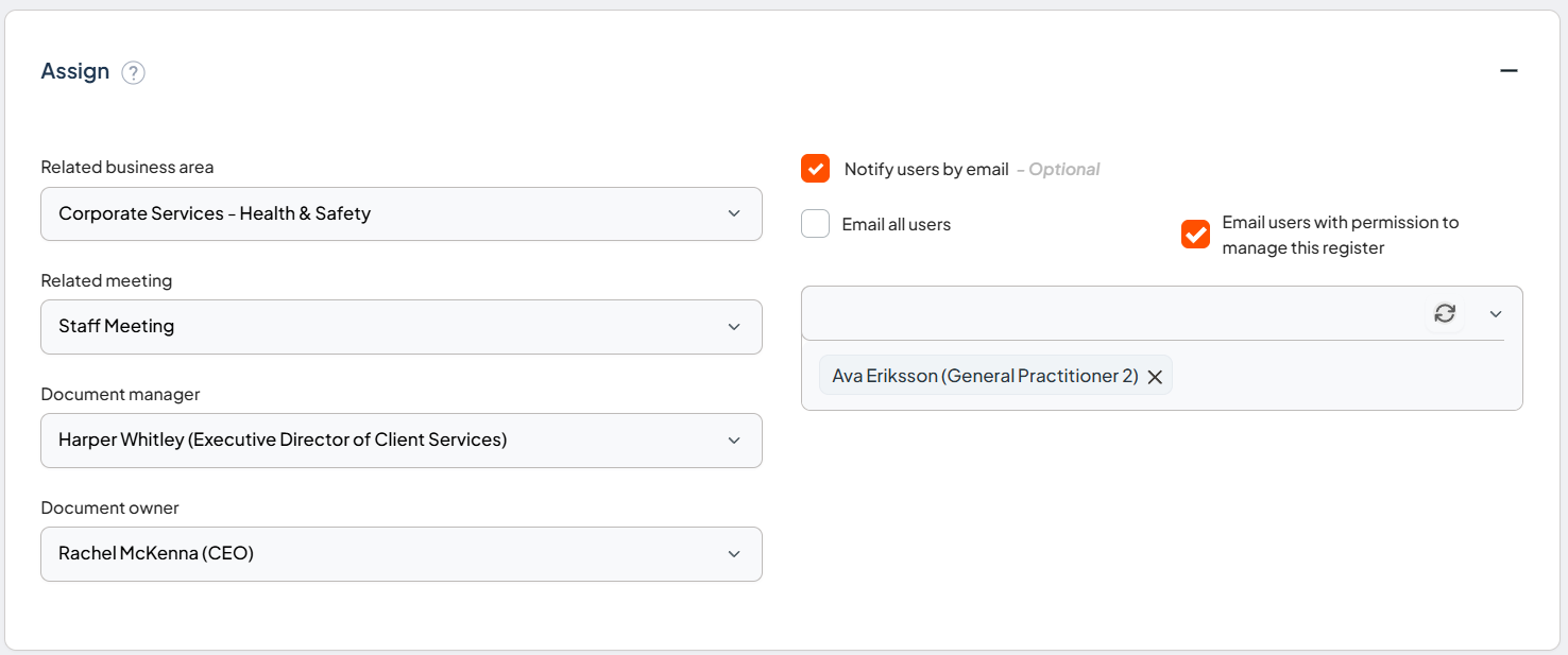 Assign component showing the related business area, related meeting, Document manager, and Document owner fields