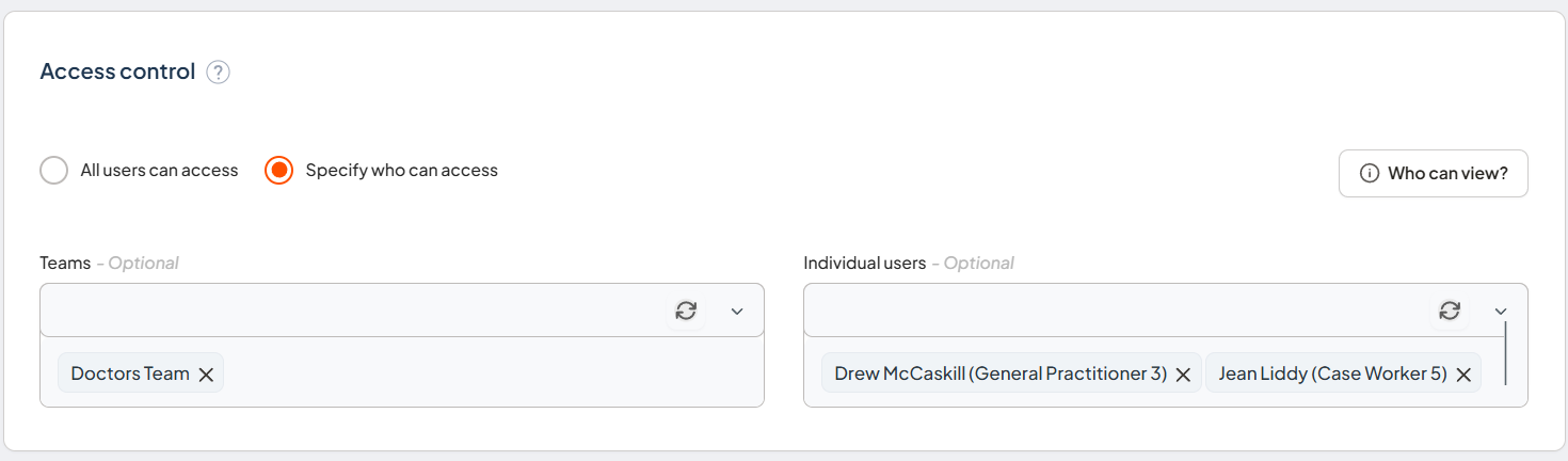 Access control component showing the All users can access and Specify who can access options