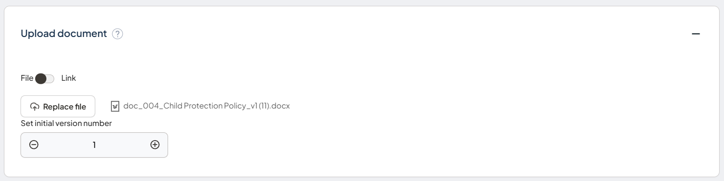 Upload document component showing the File or Link control and the Set initial version number field