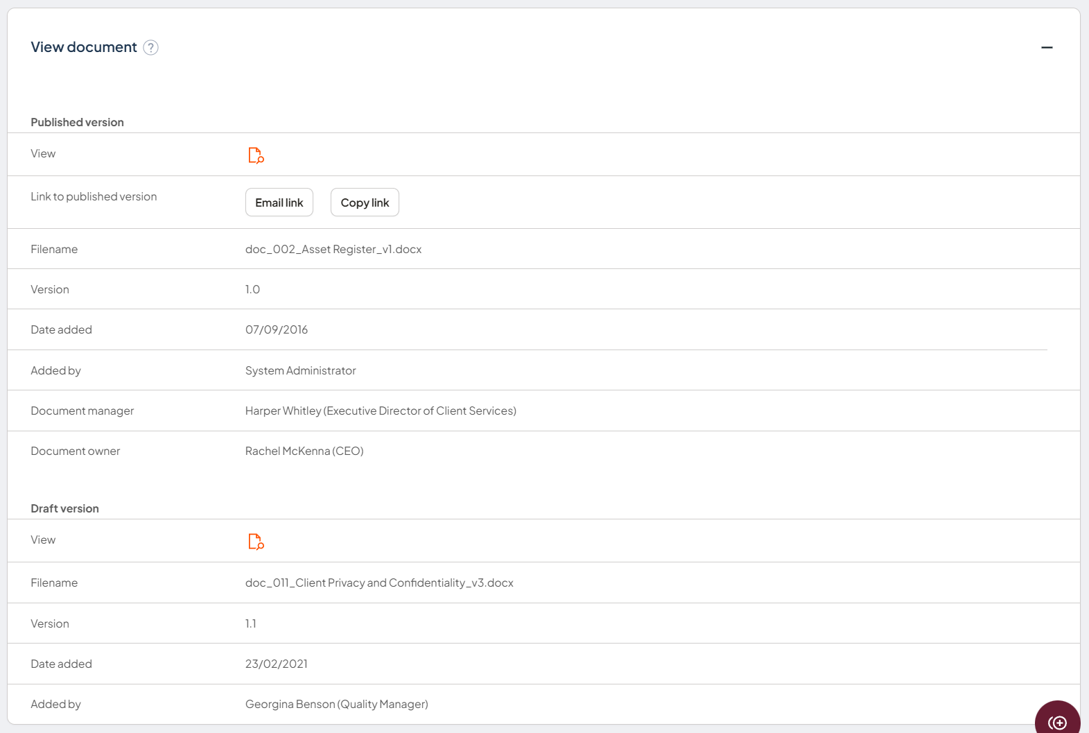 View document component showing a published document at version 1.0 with its draft designated as version 1.1