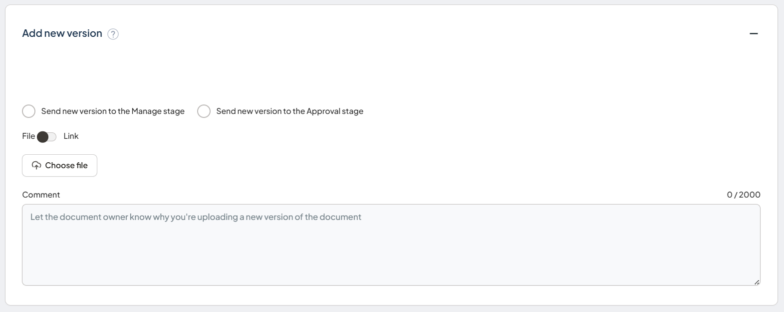 Add new version component showing the options to send the new version to the Manage stage, the Approval stage, or Quick publish