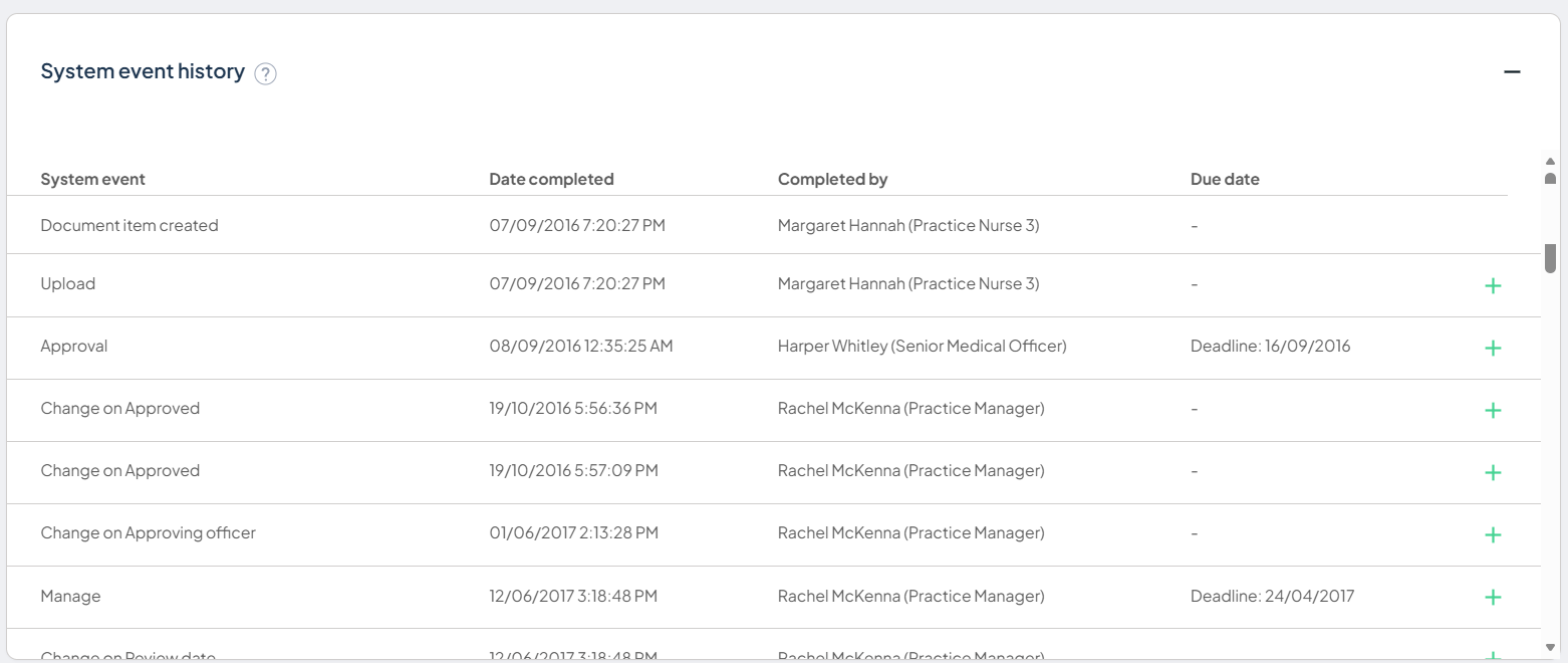 System event history list showing system events, dates, and the + control to expand a line