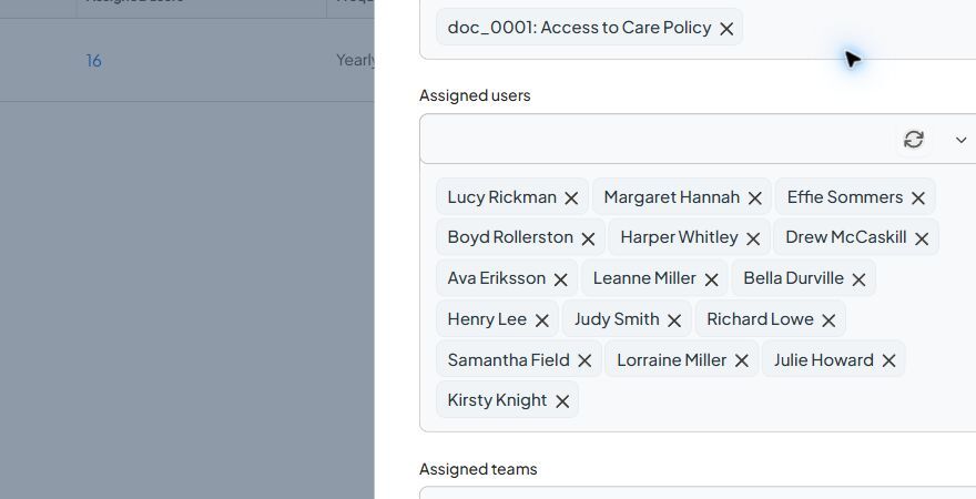 Existing document acknowledgement event showing the Assigned users field and remove controls