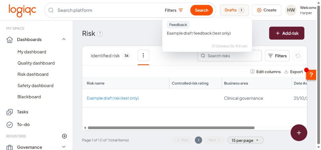 Personal Drafts list showing an example draft Feedback report