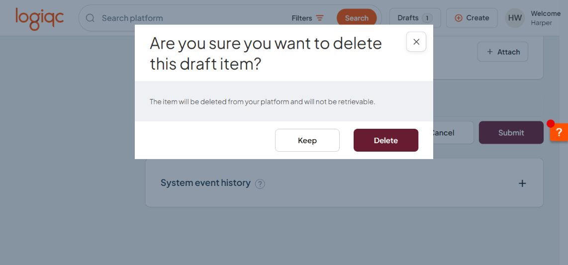Confirmation dialog asking whether you are sure you want to delete the draft item, with Keep and Delete buttons