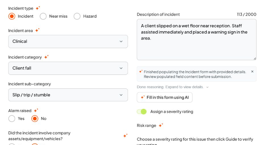Incident Details form showing sparkle icons on AI-updated fields