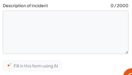 Incident Details form showing the Description of incident field and the AI fill-in button