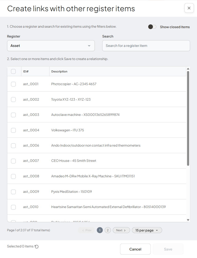 The Create links dialog, with a register selected and items listed to choose from