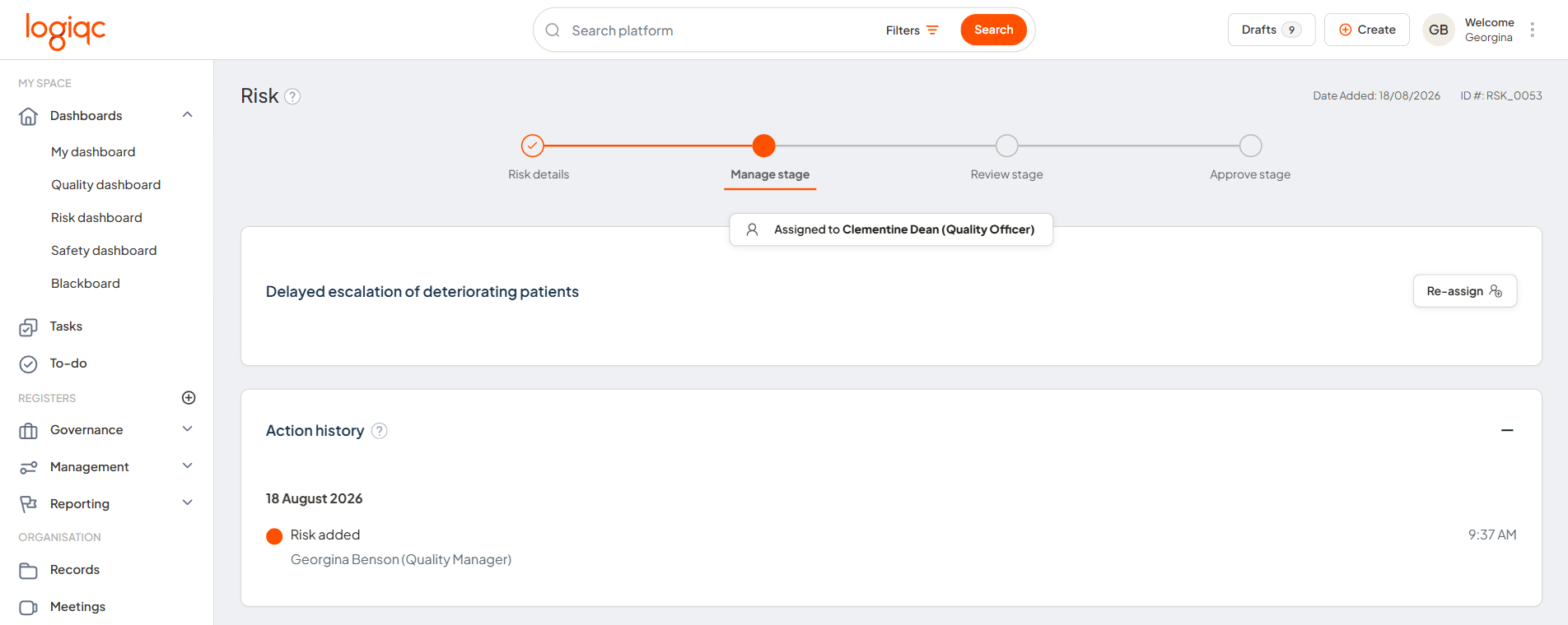 The Risk summary and Action history shown on the Manage risk task