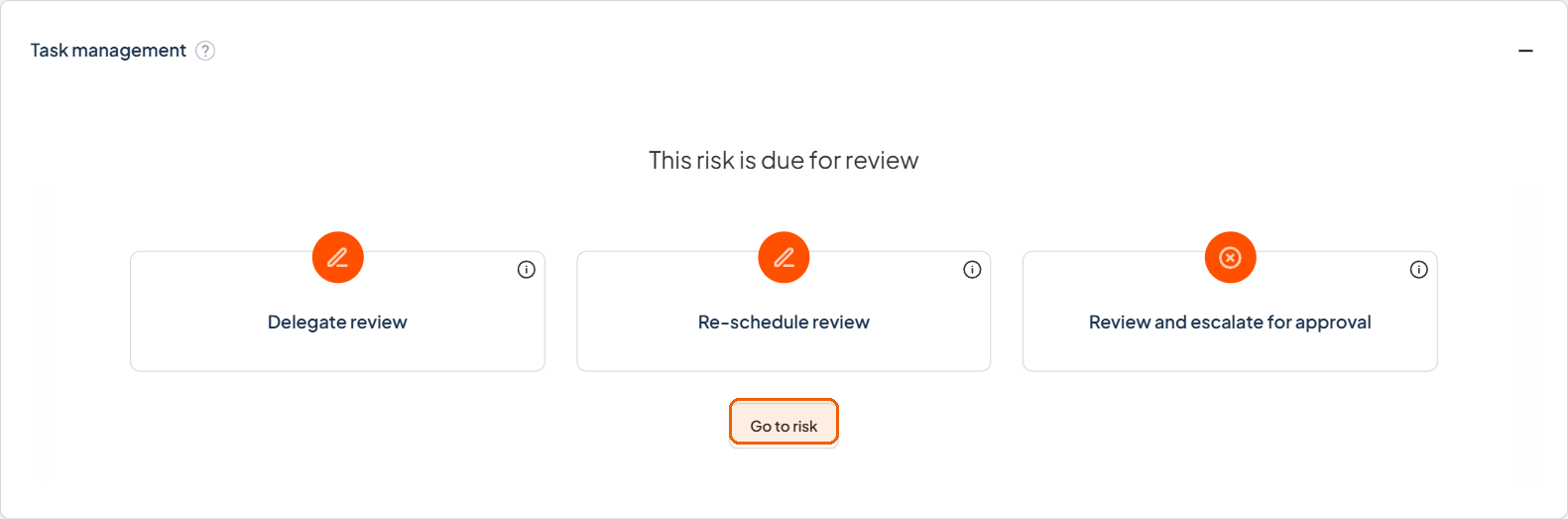Manage stage Task management section showing the Go to risk button