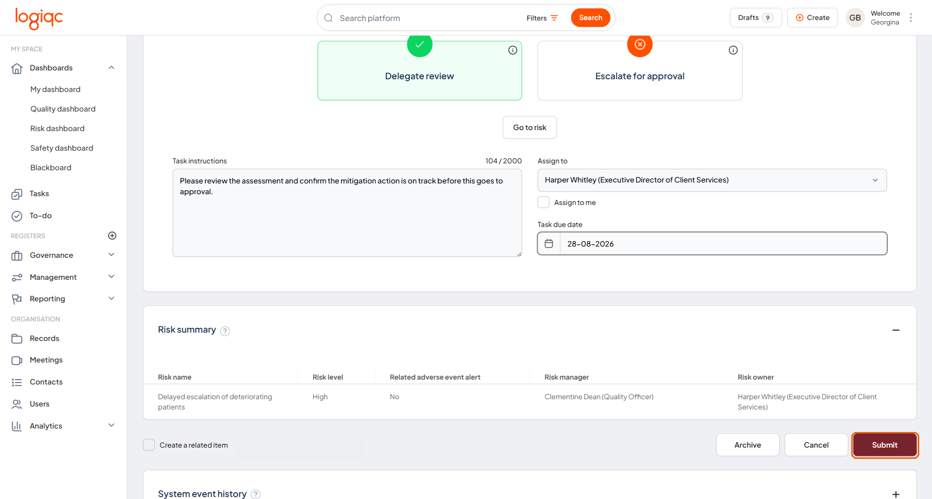 Task fields with the Submit button used to save the task
