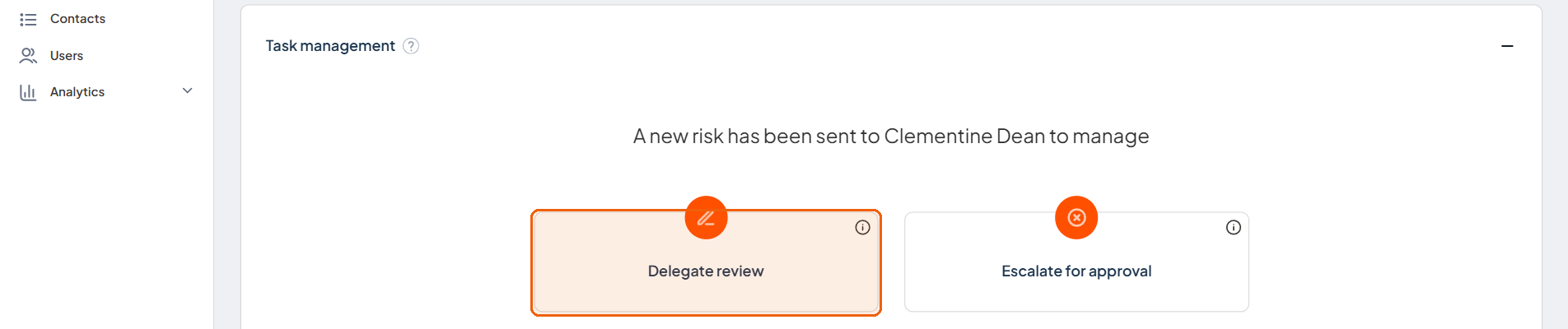 Task management showing the available Manage risk task options