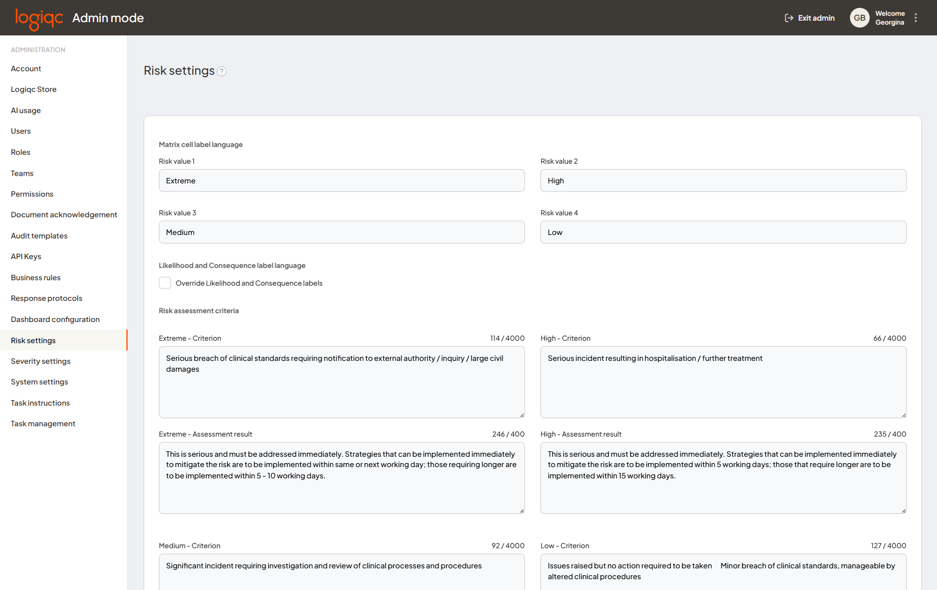 Matrix cell label language and Risk assessment criteria fields