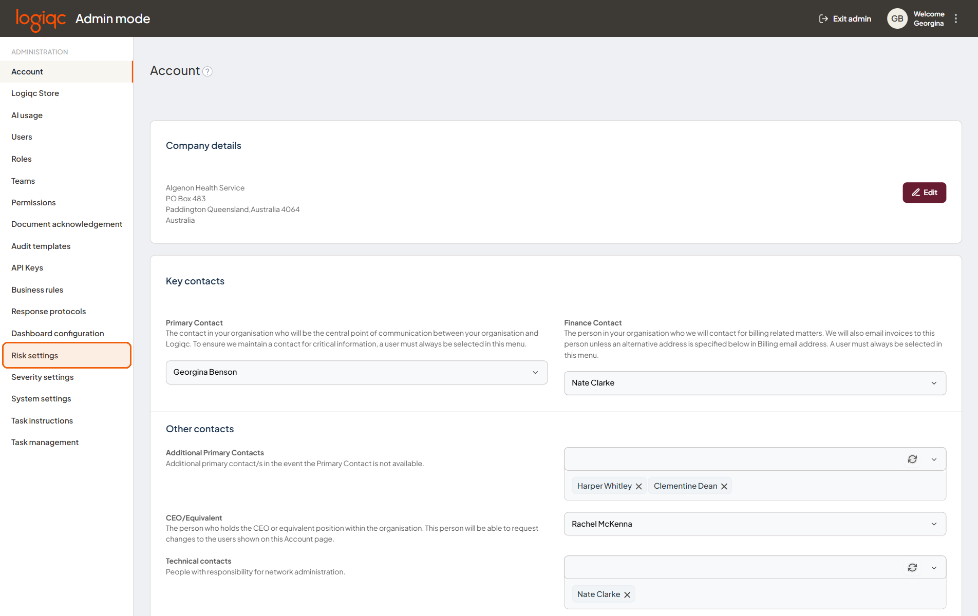 Risk settings open in Admin mode