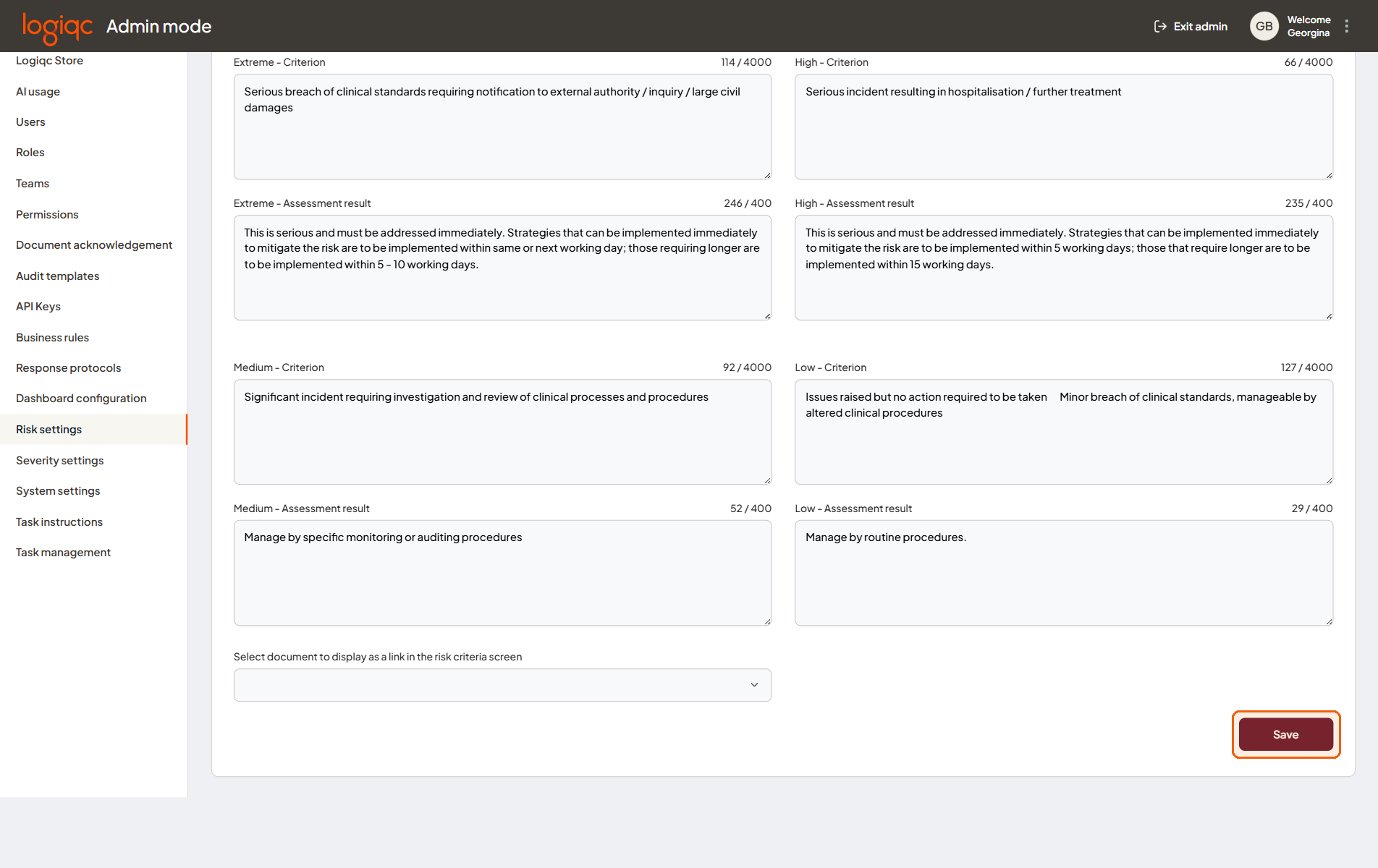 Risk settings with the Save button used to save the matrix language and criteria