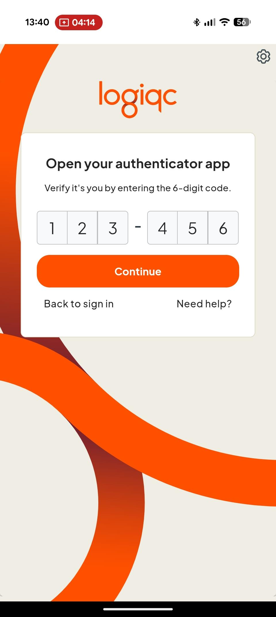 The Open your authenticator app screen in Logiqc Mobile, showing six individual code entry boxes and a Continue button