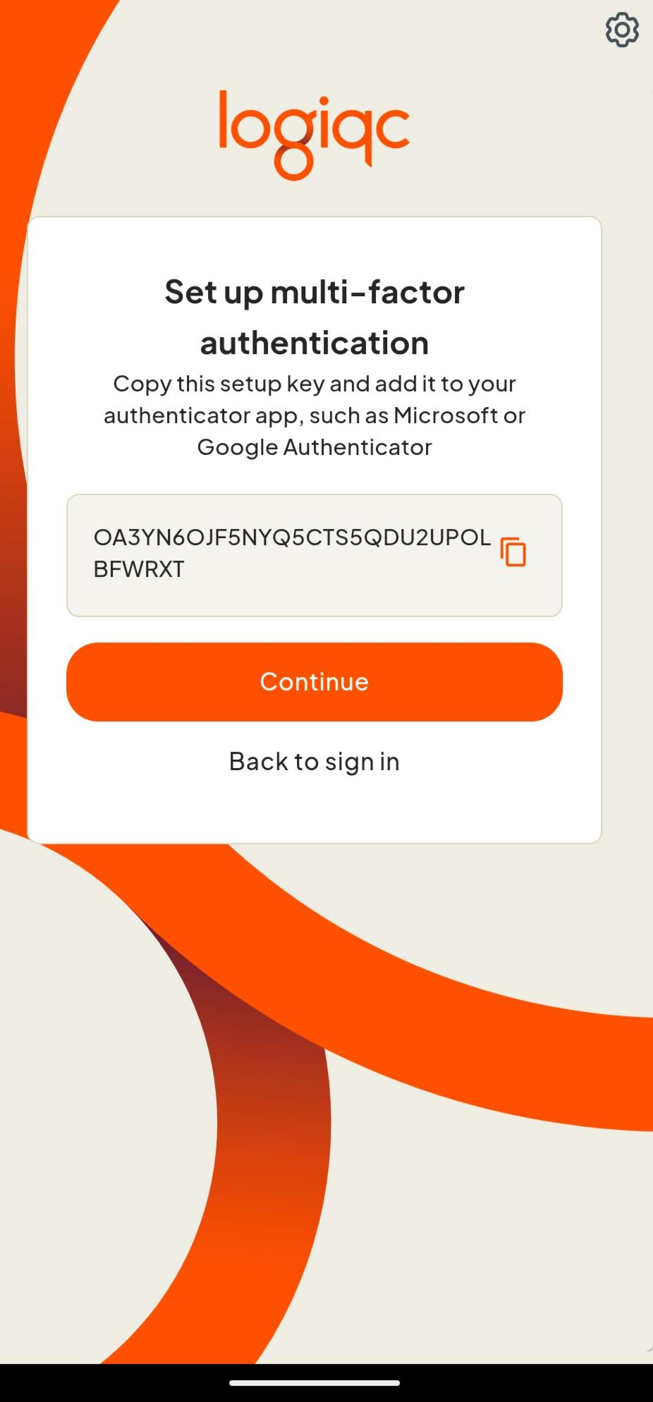 The Set up multi-factor authentication screen in Logiqc Mobile, showing a setup key to copy and add to an authenticator app