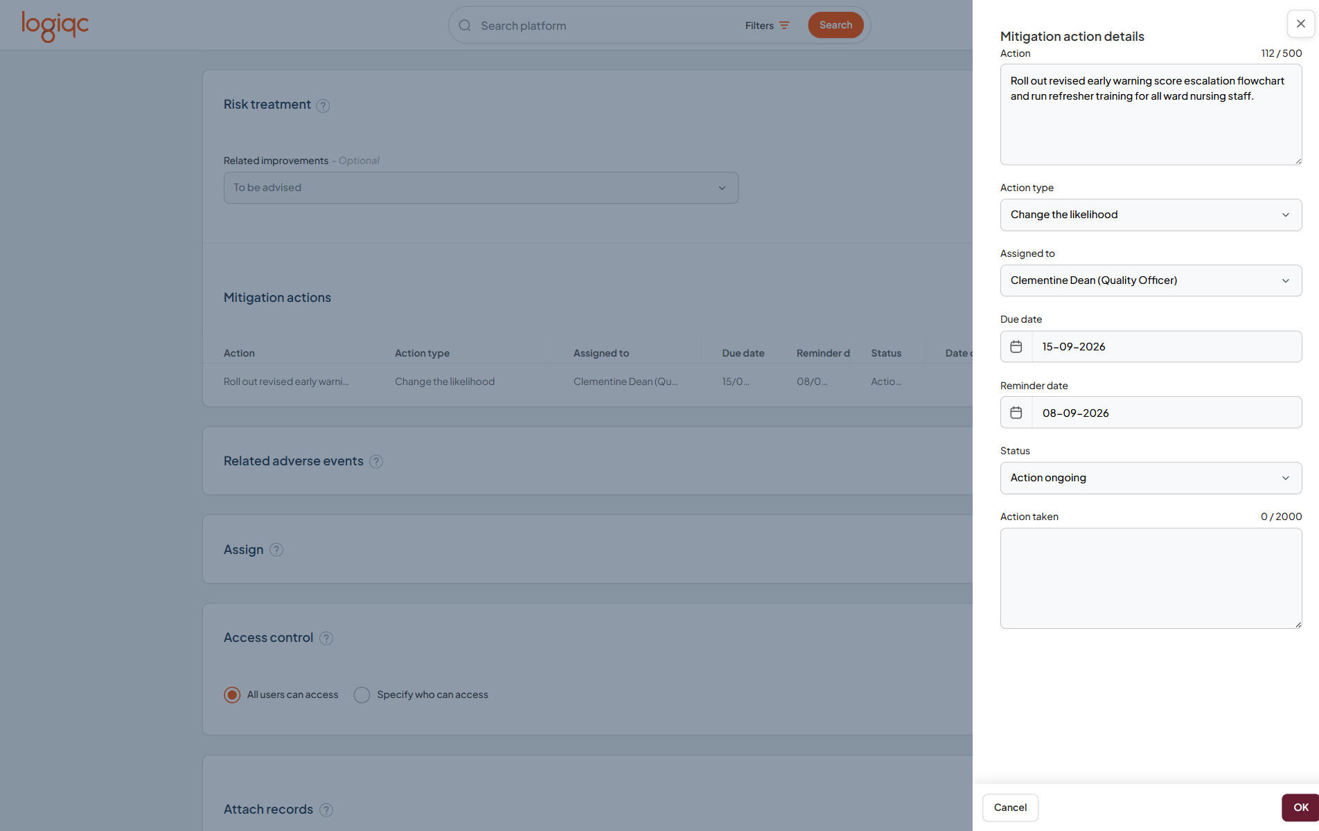 The Risk mitigation action details section