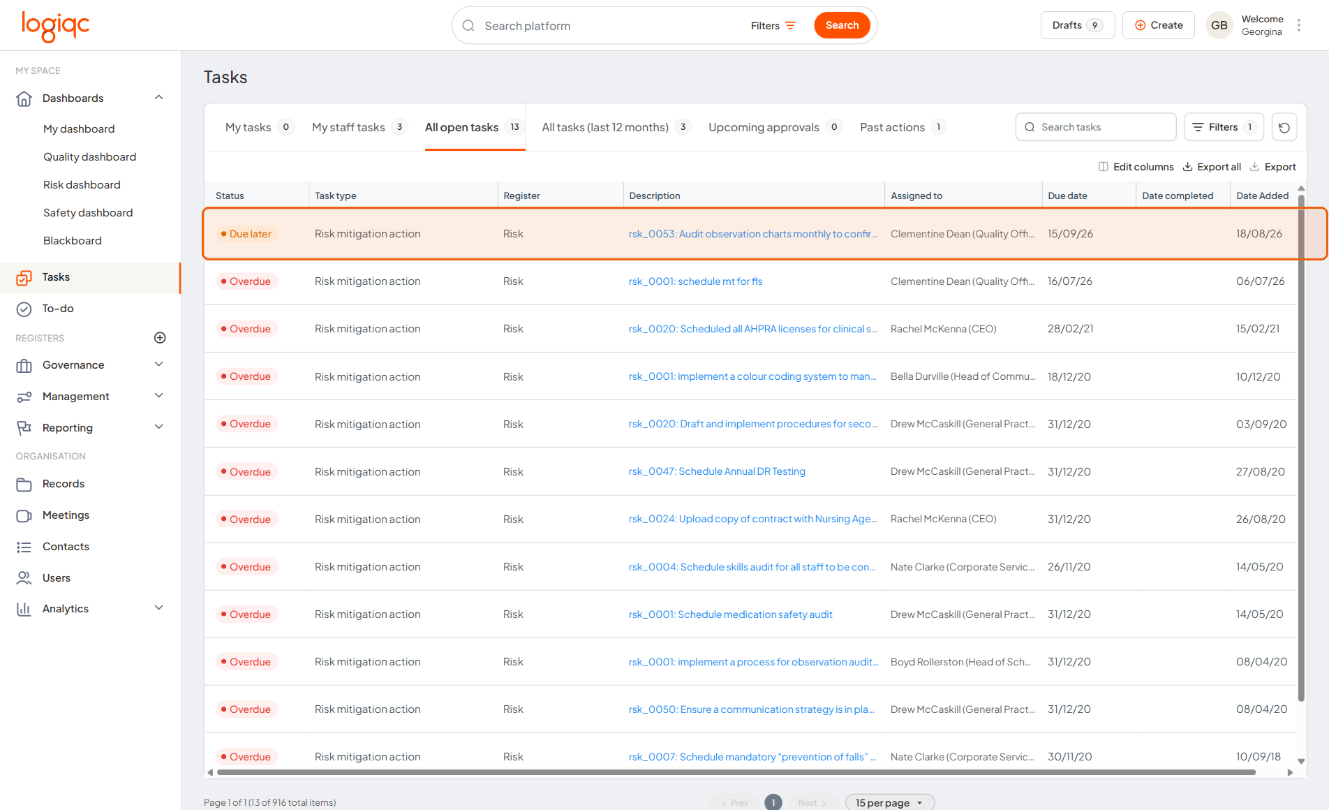 A Manage risk mitigation task open from the task list