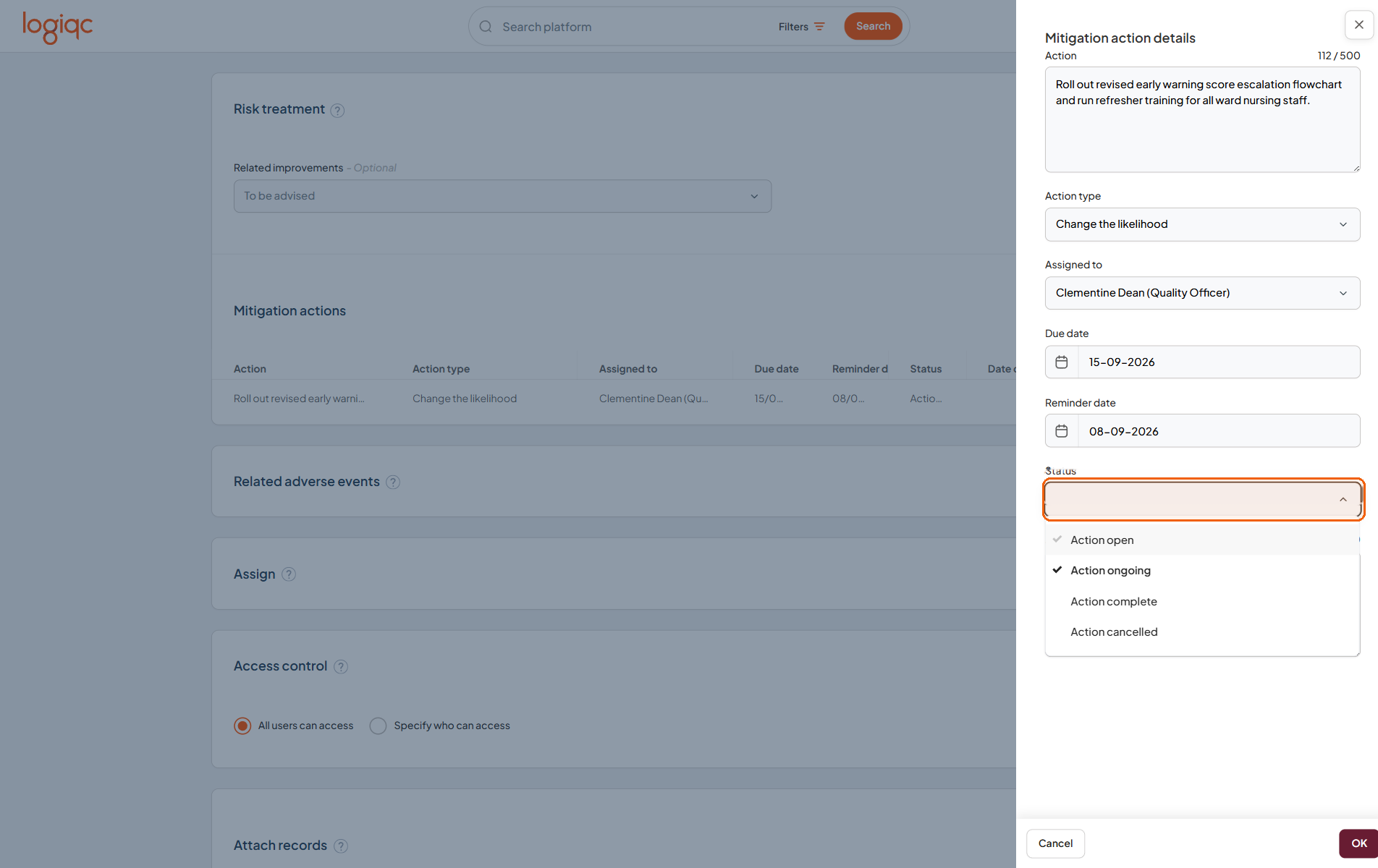 The Status list with Action open, Action ongoing, Action complete, and Action cancelled options