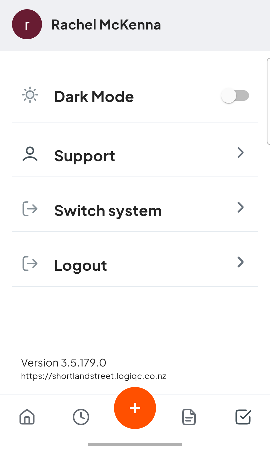 Account menu showing Dark Mode, Support, Switch system, and Logout